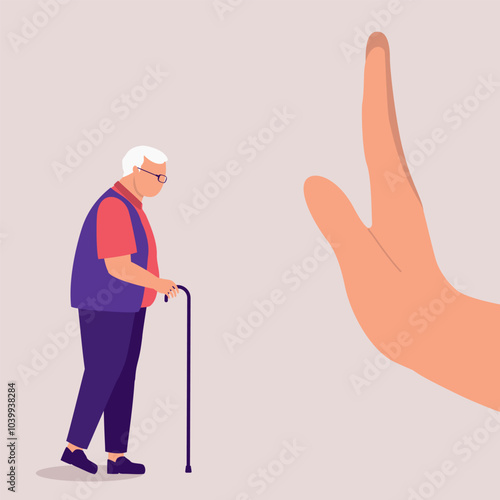 Concept Of Ageism And Age Discrimination Of An Older Man. A Person’s Hand In Stop Gesture Unwelcome An Elderly Man.