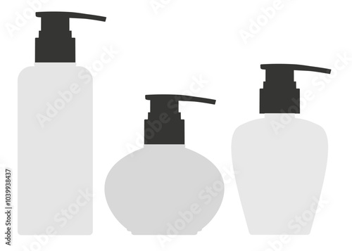 Set of Silhouette package for cosmetics product. Collection plastic container with pump, bottle, spray. Packaging mockup set collection vector, isolated Silhouette gray bottle