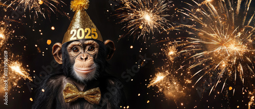 Happy new Year, Sylvester New Year's eve party, funny animals banner greeting card - Cute monkey chimpanzee with party hat and fireworks in the background at night photo