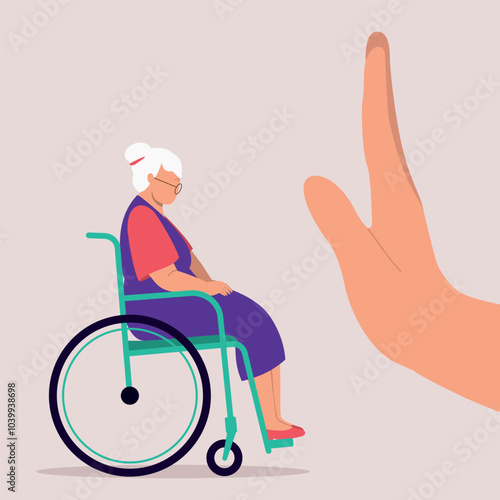 Concept Of Disability Discrimination Of An Older Woman With Wheelchair. A Person’s Hand In Stop Gesture Unwelcome An Elderly Woman With Wheelchair.