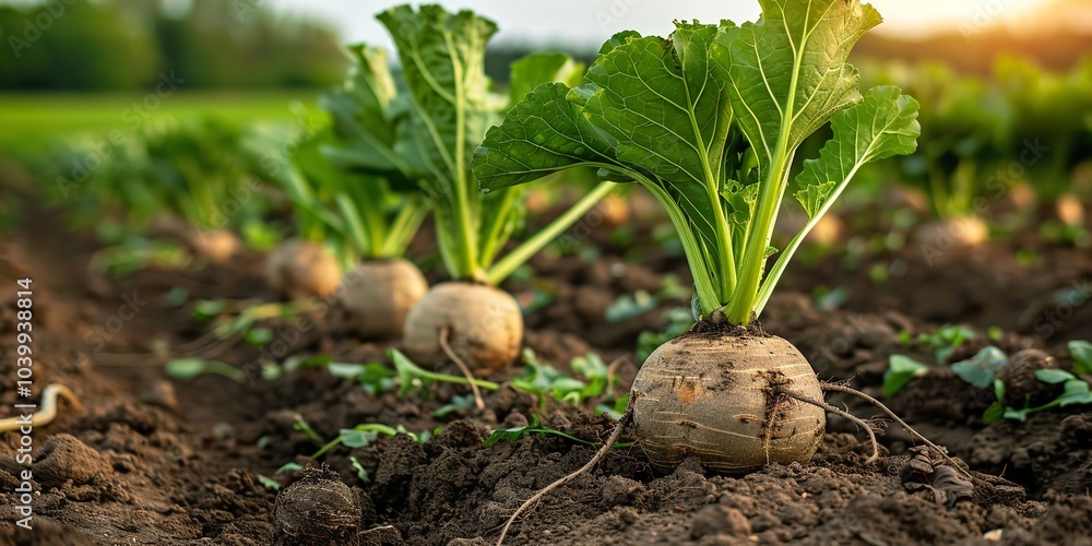 A close-up of a sugar beet root in a field in the lovely morning sunlight with enough of room for using as a textural backdrop, Generative AI. A close-up of a sugar beet root in a field in the lovely morning sunlight with enough of room for using as a textural backdrop, Generative AI.