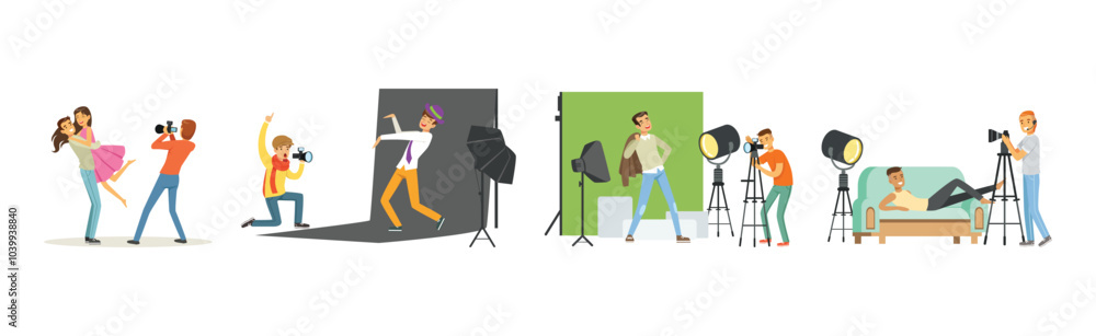 People Character at Photo Studio with Photographer Taking Picture Vector Set People Character at Photo Studio with Photographer Taking Picture Vector Set