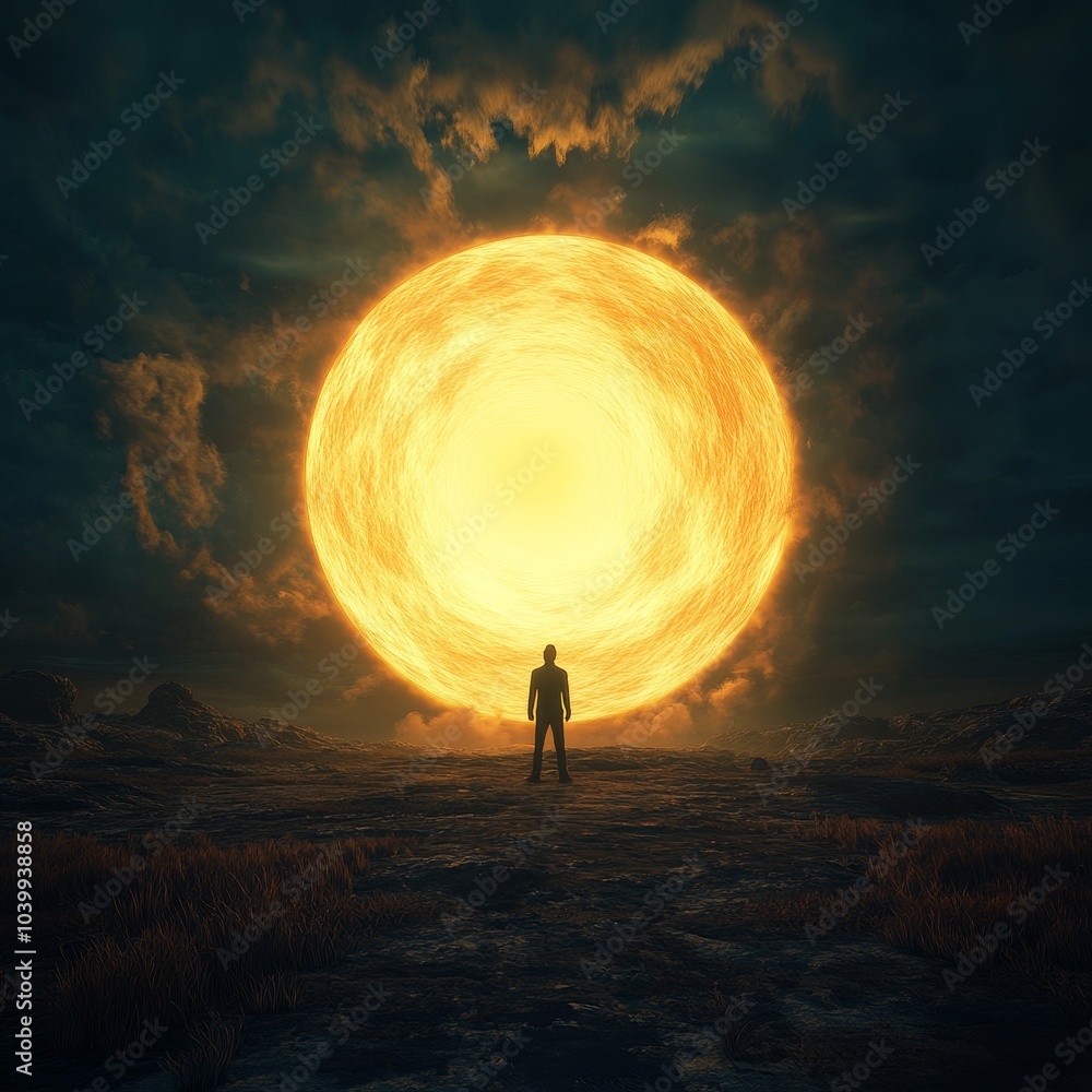Fototapeta premium Man Standing Before Glowing Giant Sphere in Distance