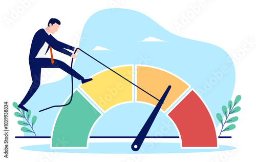 Reduce risk level in business - Businessperson forcing down measuring meeter indicator from red alert avoiding danger, crisis, and risk for in finances for company. Flat design vector illustration