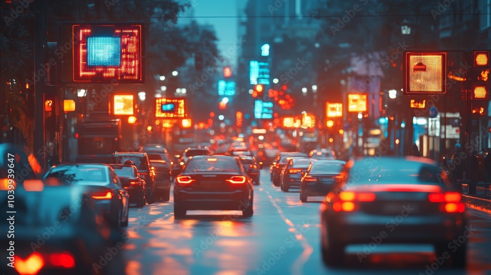 Urban street scene, bustling city life, vibrant digital displays, real-time parking information, modern infrastructure, dynamic atmosphere Urban street scene, bustling city life, vibrant digital displays, real-time parking information, modern infrastructure, dynamic atmosphere