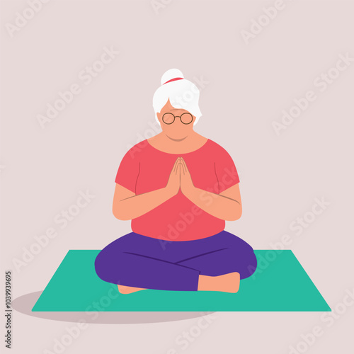One Elderly Woman Sitting On A Mat With Her Legs Crossed While Practicing Yoga In A Prayer Pose.