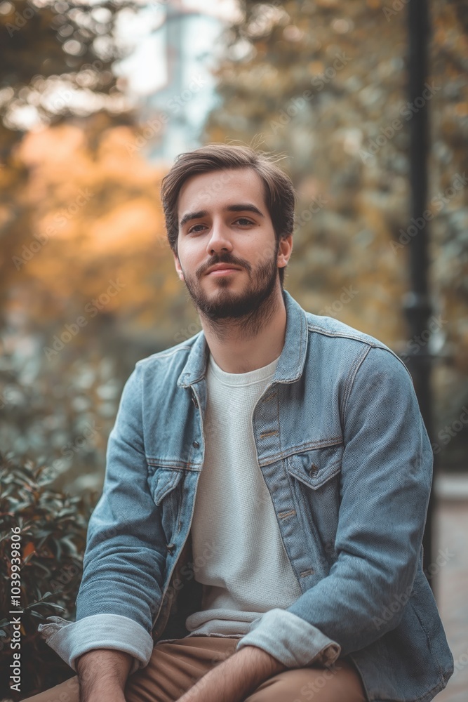 A bearded man sits outside wearing a denim jacket in the fall. A bearded man sits outside wearing a denim jacket in the fall.