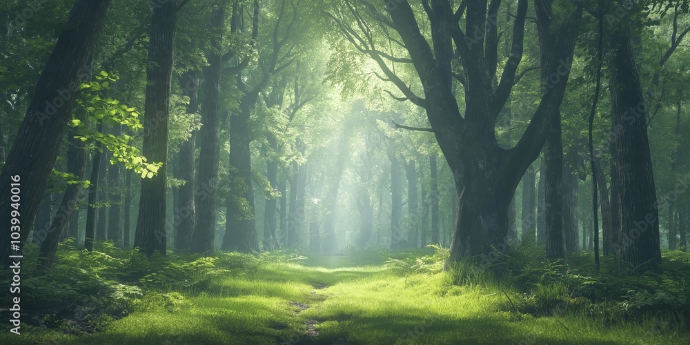 Obraz premium A tranquil forest scene with a sunlit pathway and towering trees casting beautiful light patterns.