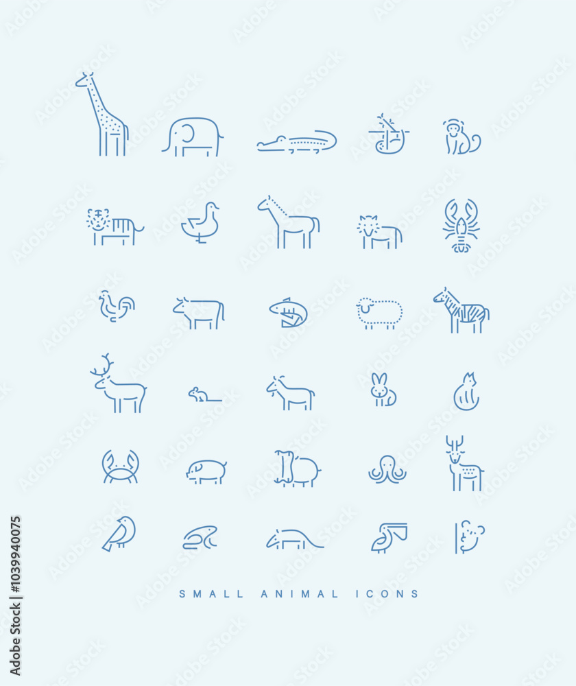 Animals collection giraffe, elephant, crocodile, sloth, tiger, cheetah, bird, horse, lion, lobster, parrot, bull, fish, sheep, zebra, deer, squirrel, goat drawing on light blue background