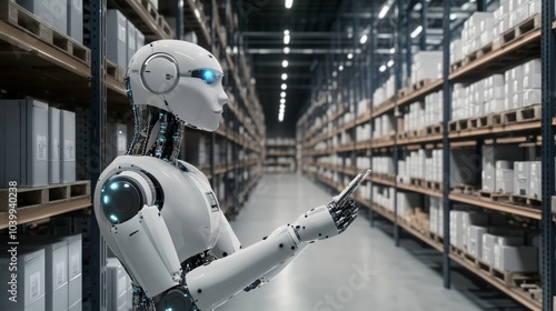 A high-tech robotic assistant managing inventory in a futuristic warehouse, clean and efficient environment with a focus on logistics automation, Warehouse style