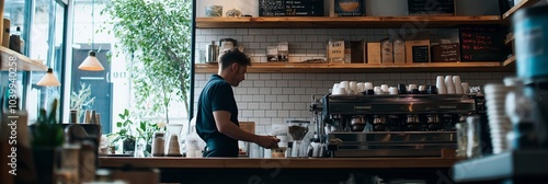 A dedicated barista prepares coffee meticulously in a cozy cafe setting, showcasing the art of coffee making and hospitality. photo