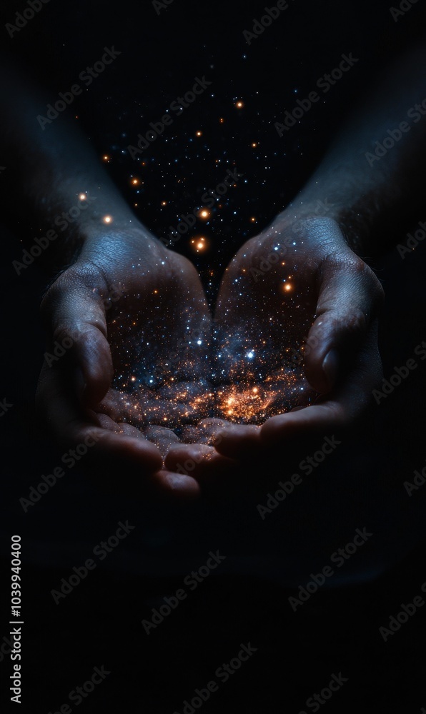Obraz premium Hands cupped, holding sparkling night sky.