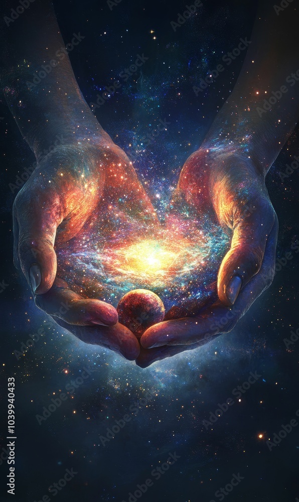 Fototapeta premium Hands holding galaxy and planet.