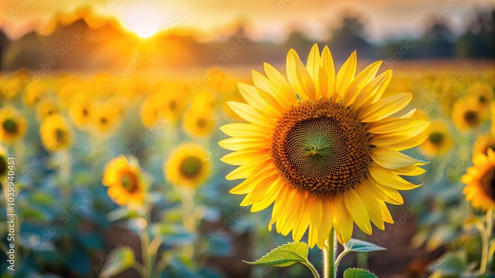 Fototapeta premium Close-up sunflower bloom with blurred sunflower farm in background