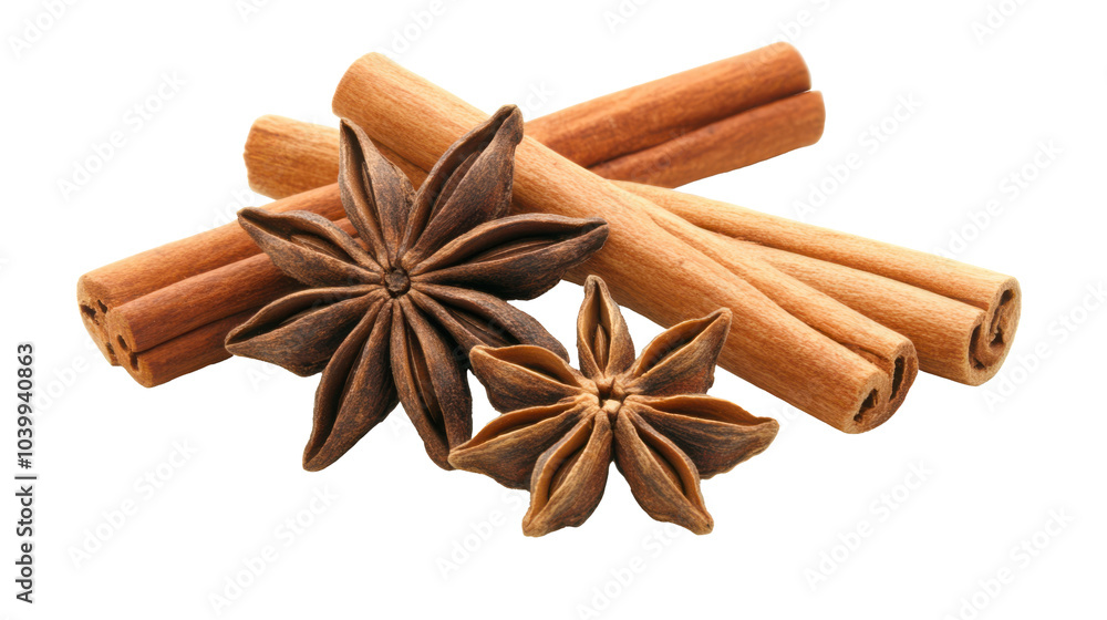 Close-up of Star Anise and Cinnamon Sticks on Transparent Background.
Close-up of Star Anise and Cinnamon Sticks on Transparent Background.