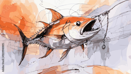 Tunfisch vom Aussterben bedroht. Dramatisch bedrohter Thunfisch am Angelhaken - Überfischung und Gefährdung - Vektor