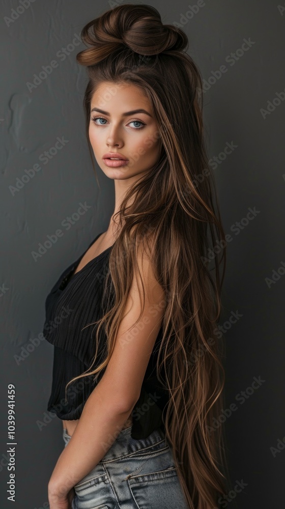 A serious and elegant woman with wavy brown hair and blue eyes, dressed in black and blue, exudes mystery against a dark backdrop. A serious and elegant woman with wavy brown hair and blue eyes, dressed in black and blue, exudes mystery against a dark backdrop.