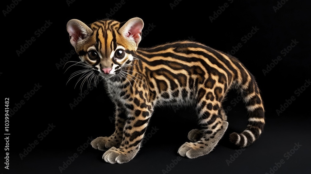 A small ocelot kitten stands on a black background. A small ocelot kitten stands on a black background.