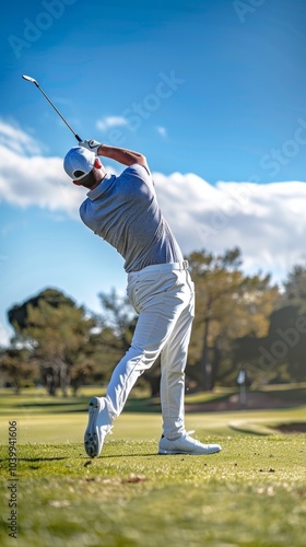 A man in white clothes swings a golf club on a sunny day. Motion blur conveys his swing dynamics. Serene atmosphere on a grassy golf course under a clear blue sky with white clouds.