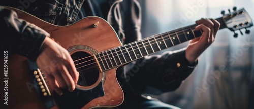 Man in black shirt plays acoustic guitar, hands on fretboard and using pick. Image focuses on man and guitar with blurred background and soft light creating a relaxed atmosphere.