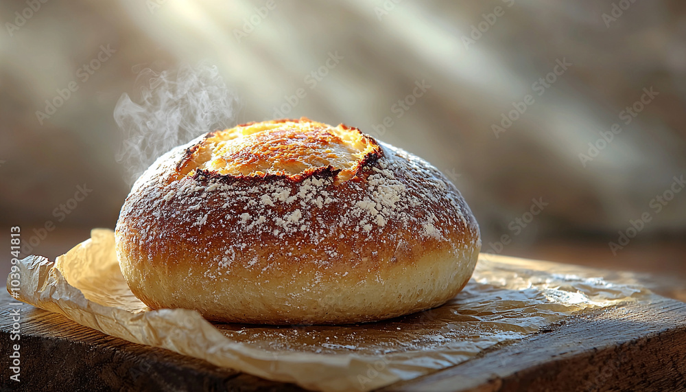 Freshly baked homemade bread on rustic wooden table generated by AI Freshly baked homemade bread on rustic wooden table generated by AI