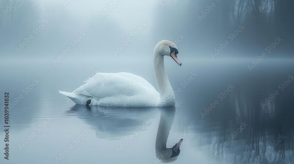 graceful white swan gliding on a serene lake enveloped in soft ethereal fog reflecting wintry tranquility the muted colors and misty ambiance evoke a sense of calm and peaceful solitude graceful white swan gliding on a serene lake enveloped in soft ethereal fog reflecting wintry tranquility the muted colors and misty ambiance evoke a sense of calm and peaceful solitude