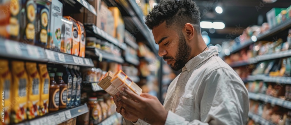 A young man with a beard in a white shirt examines a food package in a busy supermarket aisle. Various products on shelves add to the bustling atmosphere. A young man with a beard in a white shirt examines a food package in a busy supermarket aisle. Various products on shelves add to the bustling atmosphere.