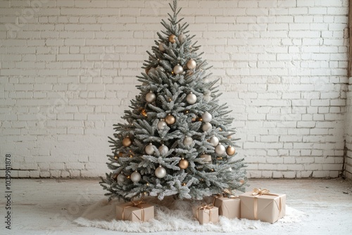 Over a white brick wall with copy space, a decorated Christmas tree and gift boxes stand out