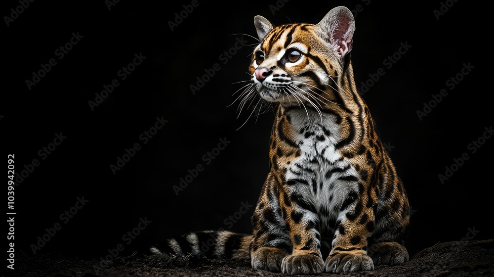 A small wild cat with spotted fur sits on a dark background and looks to the right. A small wild cat with spotted fur sits on a dark background and looks to the right.