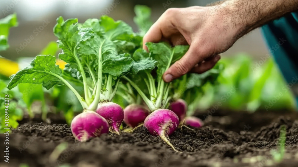 Close-up, organic fresh vegetables. The farmer has a fresh radish in his hands Close-up, organic fresh vegetables. The farmer has a fresh radish in his hands