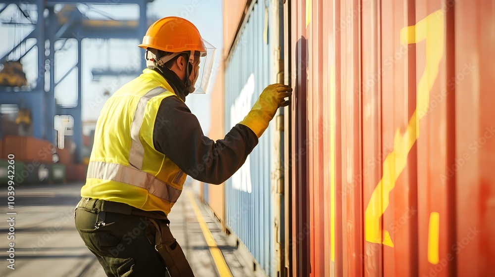 Worker in Safety Gear Inspecting Shipping Containers at Busy Cargo Port Worker in Safety Gear Inspecting Shipping Containers at Busy Cargo Port