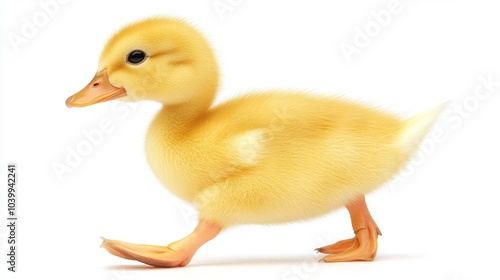 A small yellow duckling walks on a white background.