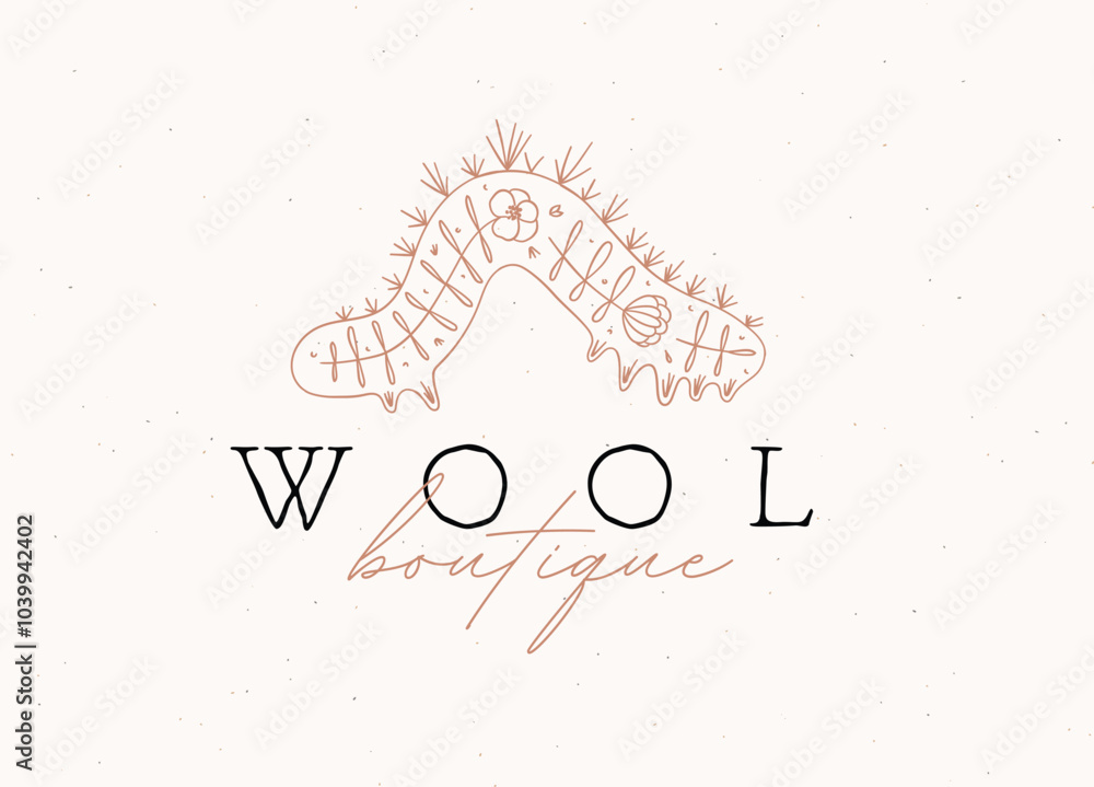 Caterpillar wool label design with lettering drawing in floral style on beige background