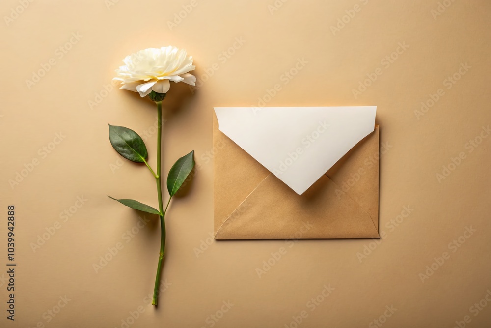 Elegant Flat Lay of Envelope and Blank Paper with Flower on Beige Background for Creative Designs and Stationery Elegant Flat Lay of Envelope and Blank Paper with Flower on Beige Background for Creative Designs and Stationery
