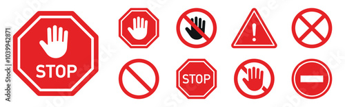 Red STOP sign icon set. Sign with hand and stop sign. Warning sign, attention, prohibition, danger, alert, road sign - stock vector.