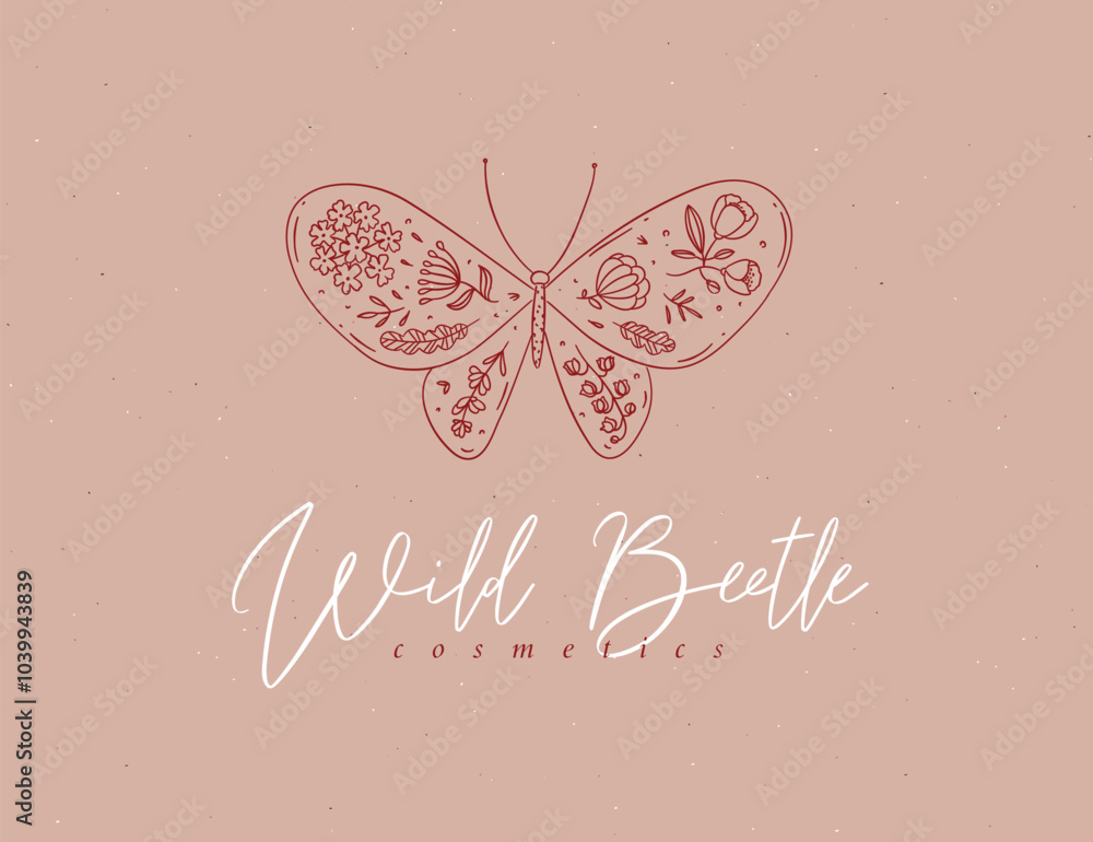 Butterfly label design lettering wild beetle cosmetics drawing in floral style on pink background