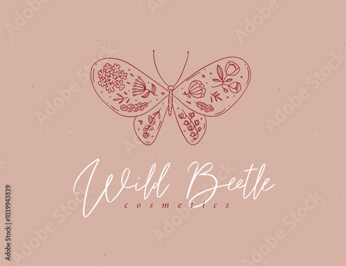 Butterfly label design lettering wild beetle cosmetics drawing in floral style on pink background photo