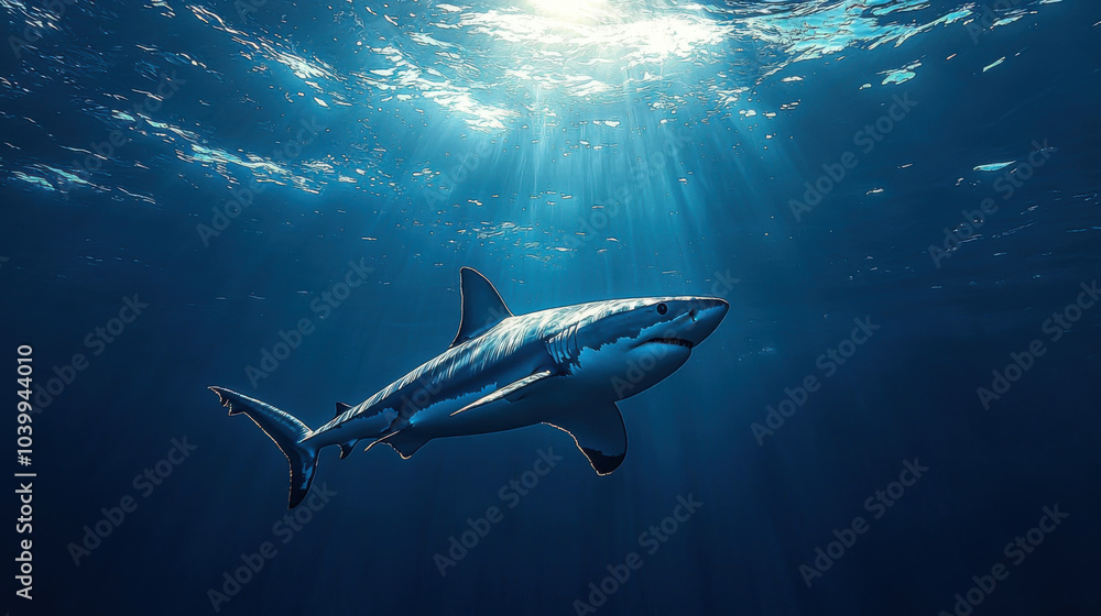 Shark gracefully swims through the deep blue ocean Shark gracefully swims through the deep blue ocean