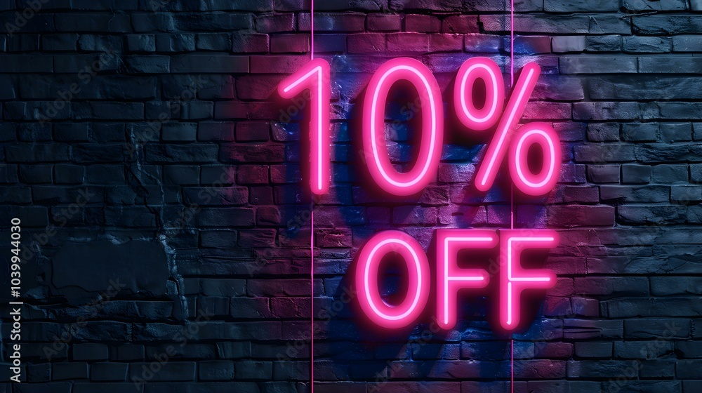 Pink Neon '10% OFF' Sign on a Brick Wall Pink Neon '10% OFF' Sign on a Brick Wall
