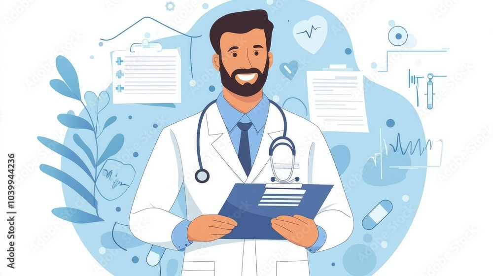 A smiling doctor wearing a white coat and stethoscope, holding a clipboard, surrounded by medical symbols. A smiling doctor wearing a white coat and stethoscope, holding a clipboard, surrounded by medical symbols.