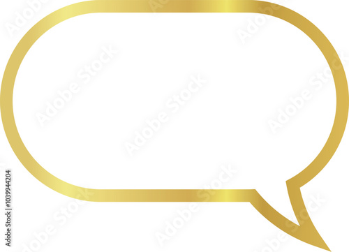 16x9 aspect ratio oval gold metallic speech bubble. Blank outline talk balloon with distinctive curved tail pointing to the right on transparent background. 