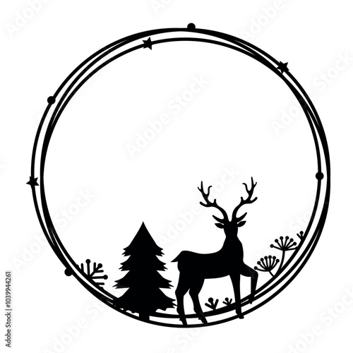 Christmas decorative frame with deer, black silhouette