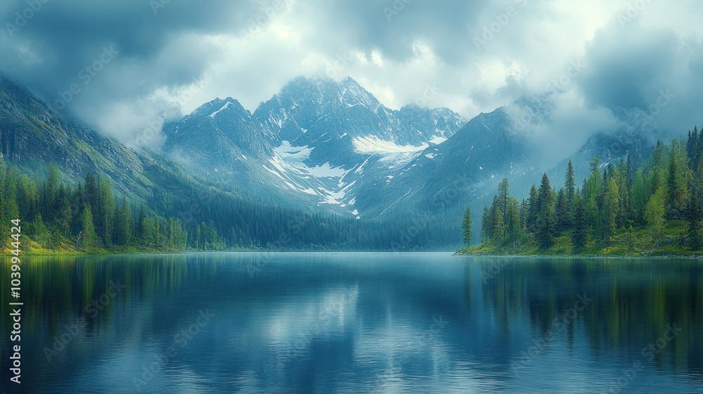 Serene mountain landscape with a tranquil lake and cloudy sky. Serene mountain landscape with a tranquil lake and cloudy sky.