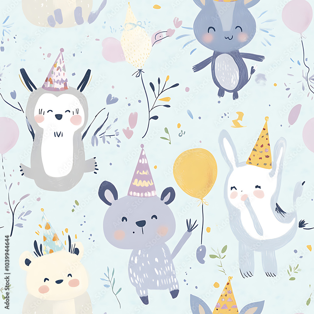 Seamless Repeating Pattern of Various Animals with Hats and Balloons, Whimsical Furry Art Illustration for Colorful and Playful Fabric Designs Seamless Repeating Pattern of Various Animals with Hats and Balloons, Whimsical Furry Art Illustration for Colorful and Playful Fabric Designs