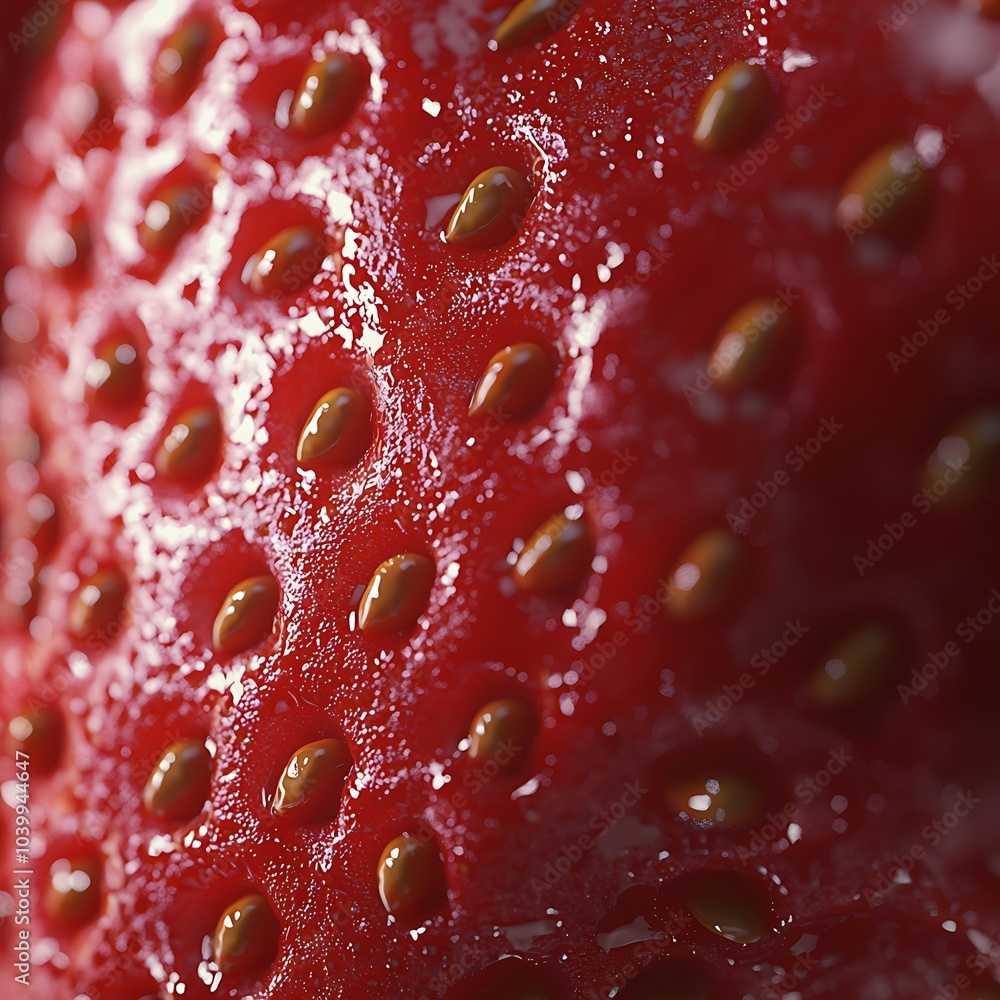 Close-up view of a ripe strawberry showcasing its vibrant red surface and tiny seed-like achenes. Close-up view of a ripe strawberry showcasing its vibrant red surface and tiny seed-like achenes.