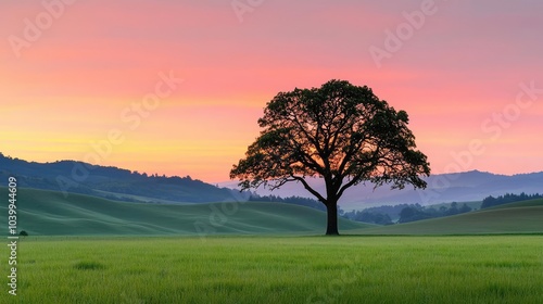 Lone tree silhouette against a colorful sunset in a green meadow.