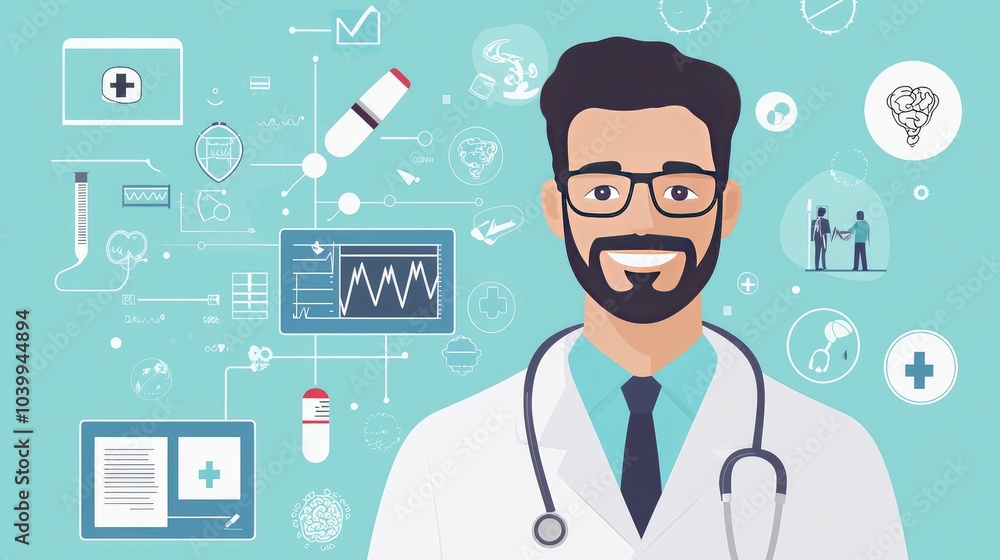 A smiling male doctor with a stethoscope around his neck, surrounded by medical icons and a light blue background. A smiling male doctor with a stethoscope around his neck, surrounded by medical icons and a light blue background.