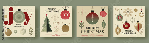 Set of Four Minimalist Retro Style Christmas Greeting Cards with Joy, Merry Christmas, Christmas Tree, Ornaments, and Snowflakes on a Soft Color Palette of Red, Green, Beige, and Gold