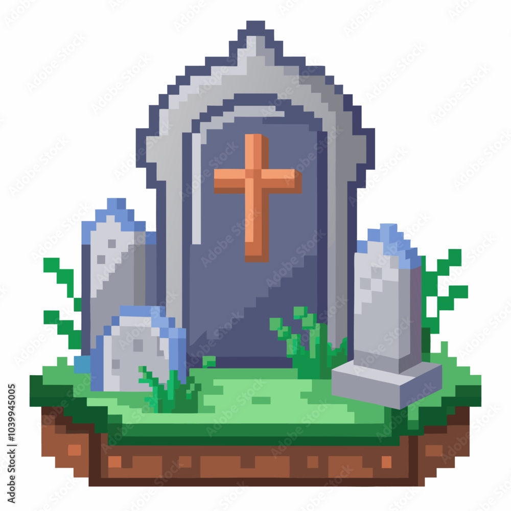 Pixel Art Gravestone with Cross and Surrounding Tombstones on Grass Patch Pixel Art Gravestone with Cross and Surrounding Tombstones on Grass Patch
