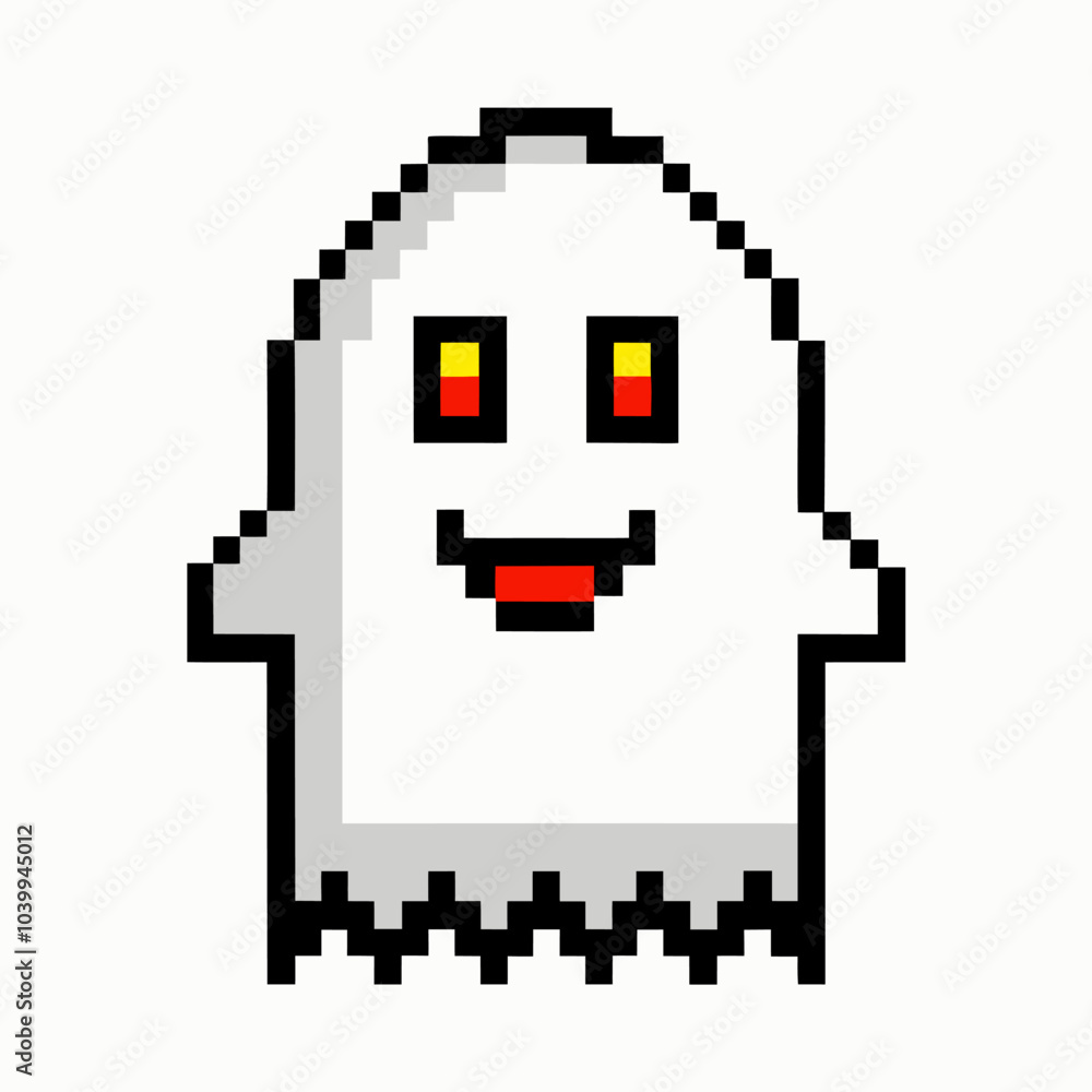 Fototapeta premium Pixel Art Ghost with Red Eyes and Happy Expression in Retro Video Game Style